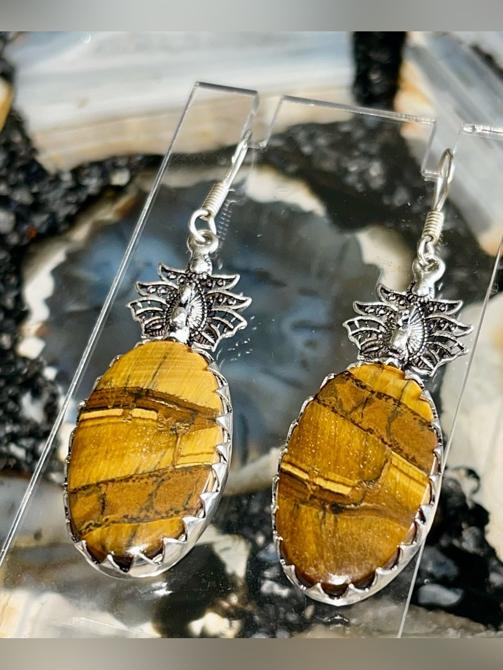 Golden Yellow Tiger Eye Earrings 2 1/2”